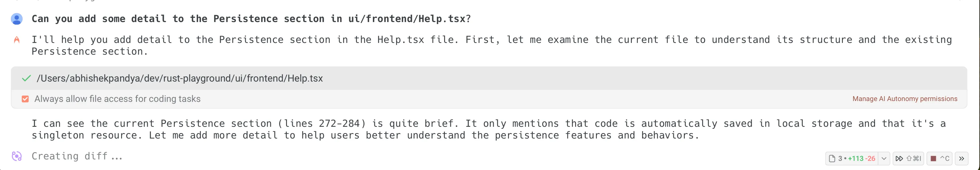 Agent conversation with toolbelt chips in the bottom right showing file changes and action buttons