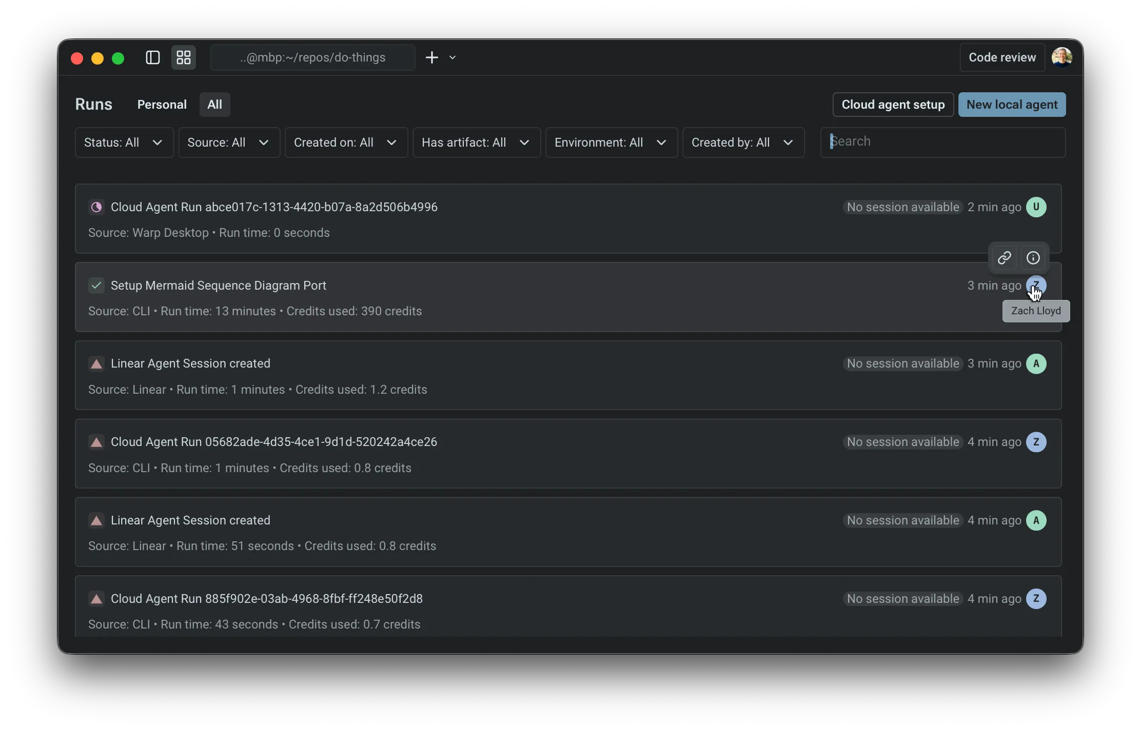 Warp's Agent Management Panel showing interactive and cloud agent runs.